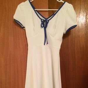 White Puffed Sleeve Dress with Blue Piping